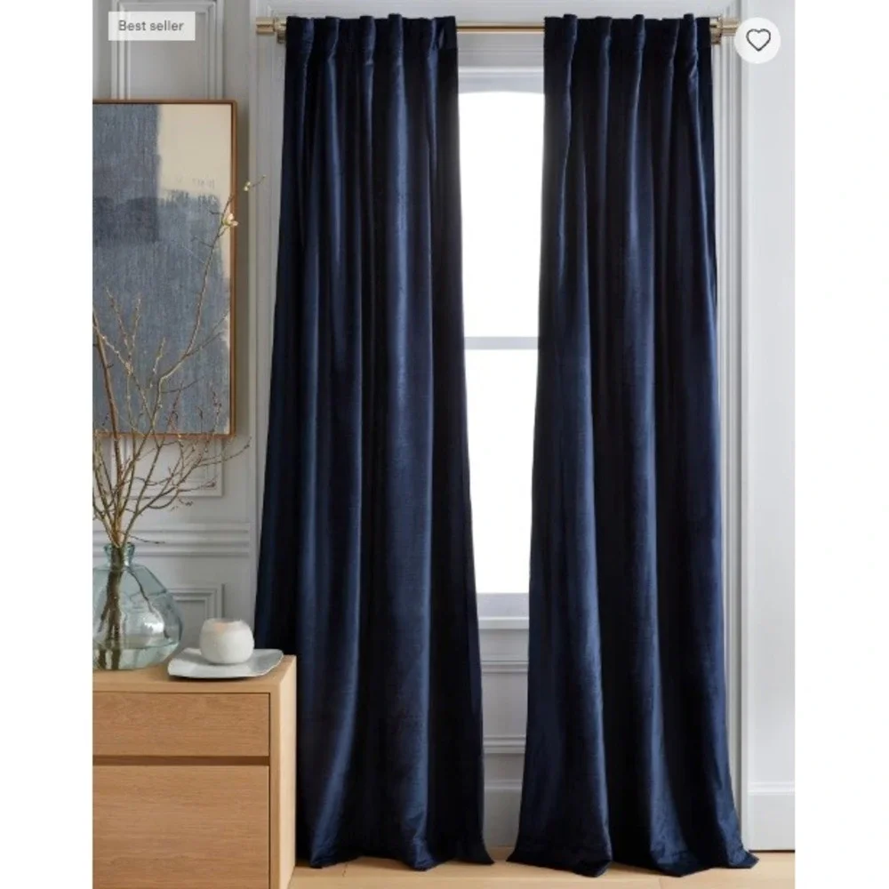 NWOT QUINCE Navy Luster Velvet Room Darkening Curtain Single Panel 48X96